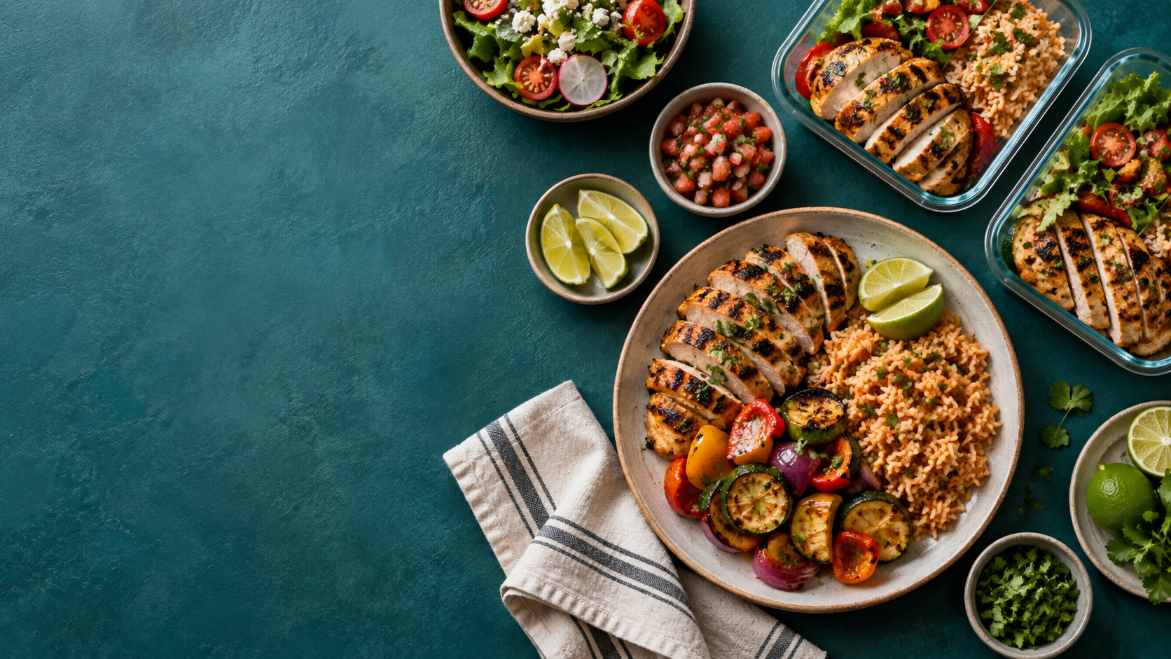 Comida casera con pollo, arroz, verduras y ensalada preparada para la semana